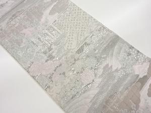 プラチナ箔几帳に籠目・草花・梅模様織出し袋帯